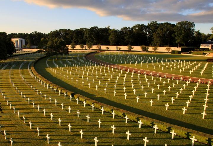 Early morning sun creates shadows for the rows of headstones at Cambridge American Cemetery, June 25, 2014. ABMC photo: Warrick Page
