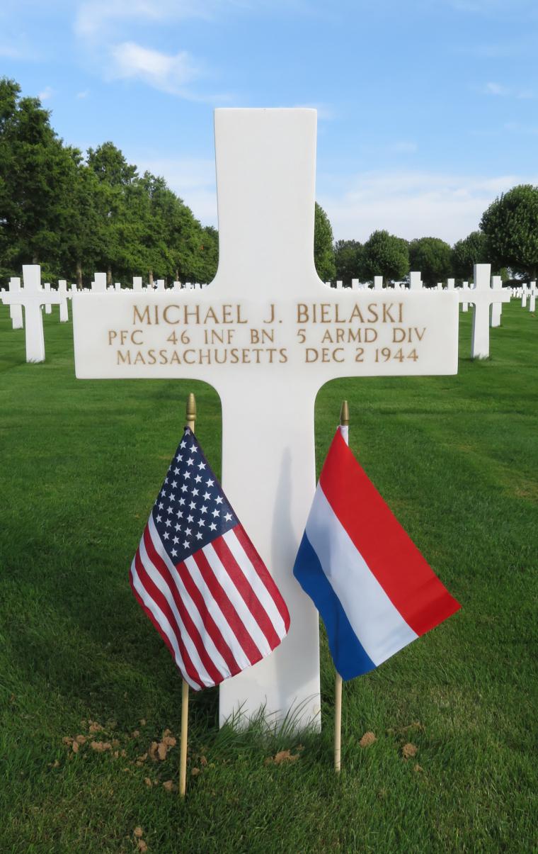 Photograph of Private First Class Michael J. Bielaski headstone at Netherlands American Cemetery