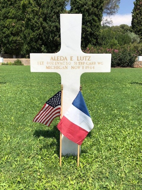 Picture of 1st Lt. Aleda Lutz’s headstone at Rhone American Cemetery. Credits: American Battle Monuments Commission.