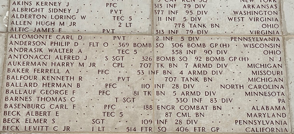 Picture of the name of 1st Lt. Levitt C. Beck Jr. on the Wall of the Missing at Luxembourg American Cemetery. Credits: American Battle Monuments Commission. 