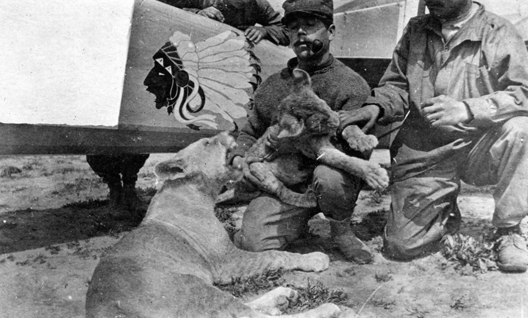 Whiskey and Soda, the mascots of Lafayette Escadrille, with some of the pilots, including William Thaw. Credit: The United States Foundation for the Commemoration of the World Wars.