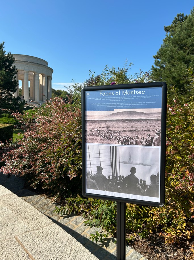 “Faces of Montsec” at Montsec Monument. Pictures of service members who died in the area were displayed at the site. Credits: American Battle Monuments Commission.