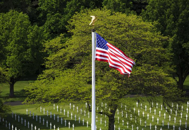 The American flag is flying over Lorraine American Cemetery