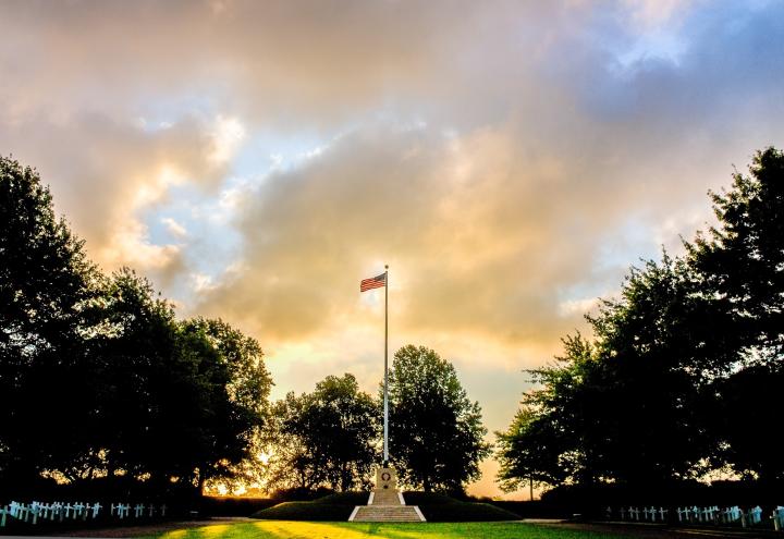 Sunrise over Netherlands American Cemetery, in Margraten, Netherlands