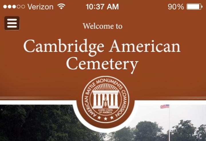 Homescreen of the Cambridge American Cemetery App