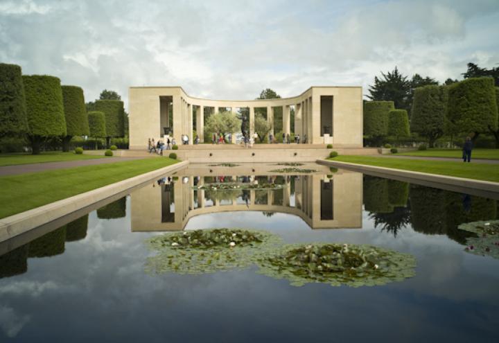 The memorial area at Normandy American Cemetery is shown in the reflecting pool.
