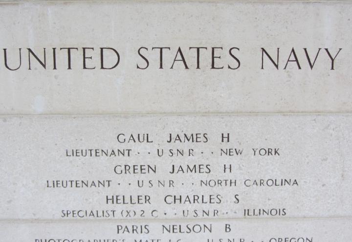 Wall of the Missing at Epinal shows names from the U.S. Navy. 