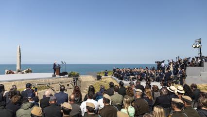 President of the United States Joseph R. Biden Jr. delivered remarks to commemorate the 80th anniversary of D-Day at the World War II Pointe du Hoc Ranger Monument overlooking Omaha Beach, France 2024