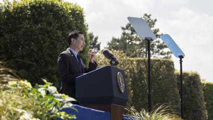 ABMC Secretary Charles K. Djou delivered opening remarks for the 80th anniversary of D-Day at Normandy American Cemetery.