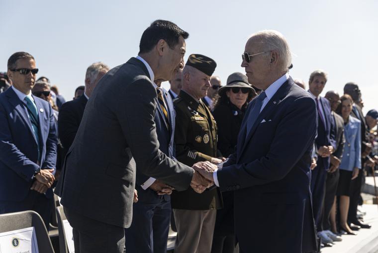 President of the United States Joseph R. Biden Jr. and ABMC Secretary Charles K. Djou at the commemoration of the 80th anniversary of D-Day at the World War II Pointe du Hoc Ranger Monument, Omaha Beach, France.