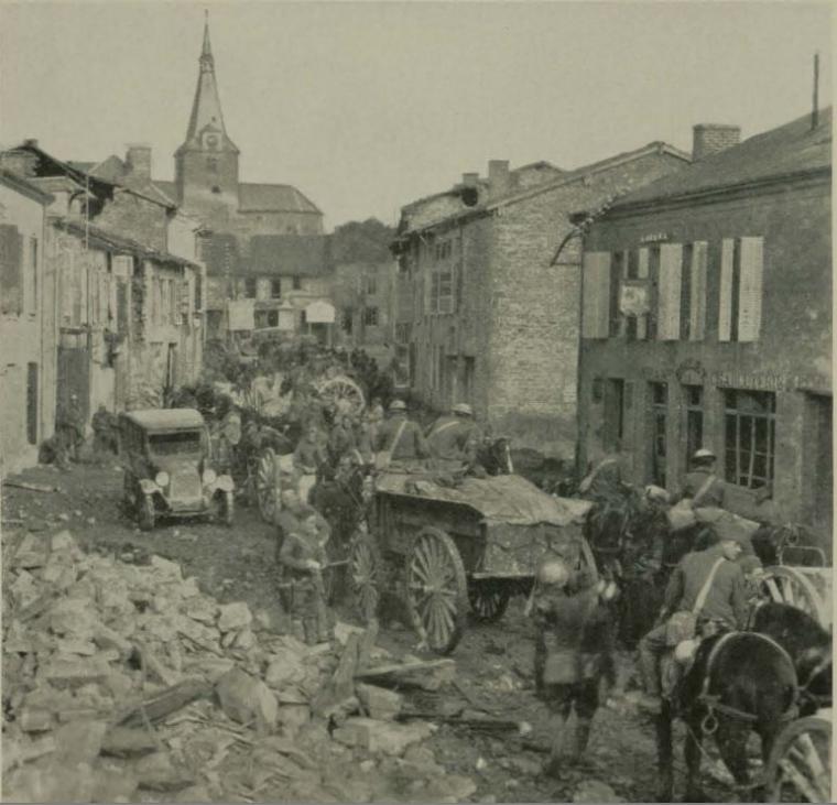 Historic image showing troops in the town of Buzancy. 