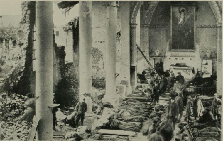 Historic image showing wounded in a bombed out church. 
