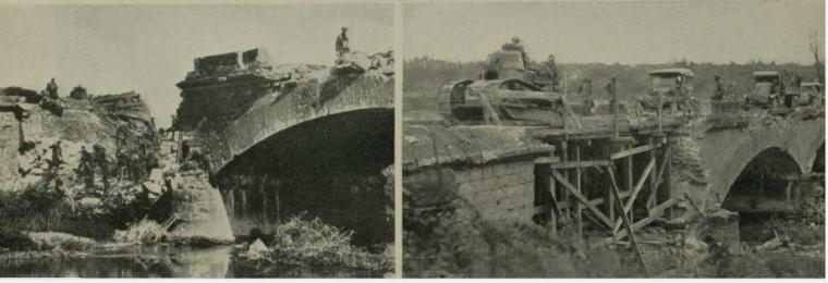 Historic image showing bridge before and after repairs. 