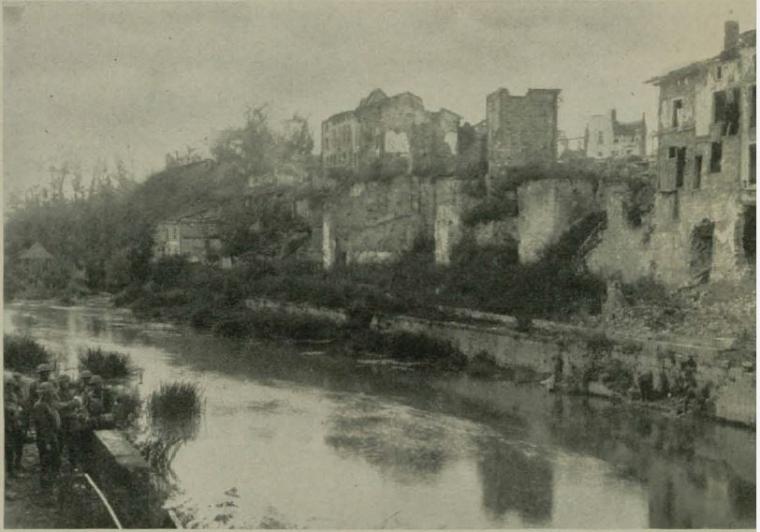 Historic image showing the Aire River and the destroyed town of Varennes.