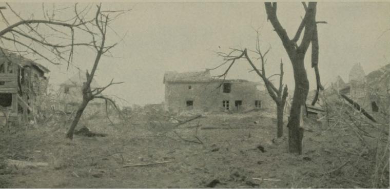 Historic image showing destroyed landscape and homes. 