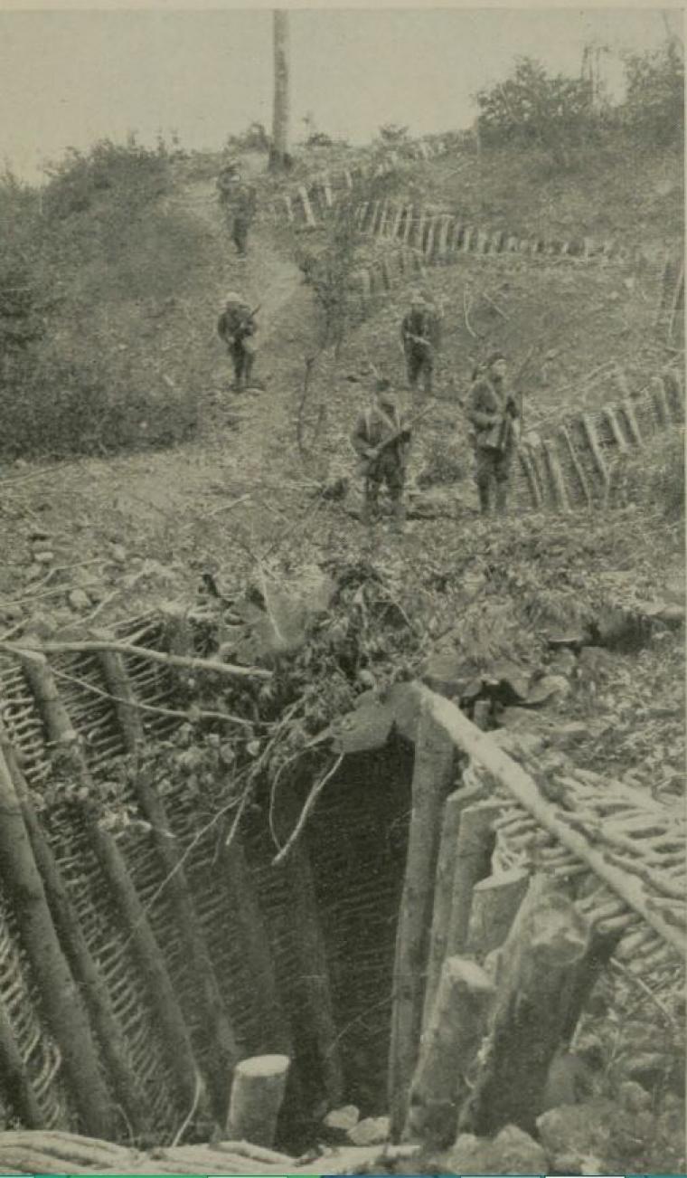 Historic image showing curving trench line. 