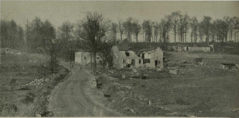 Historic image showing destroyed Madelein Farm in France. 