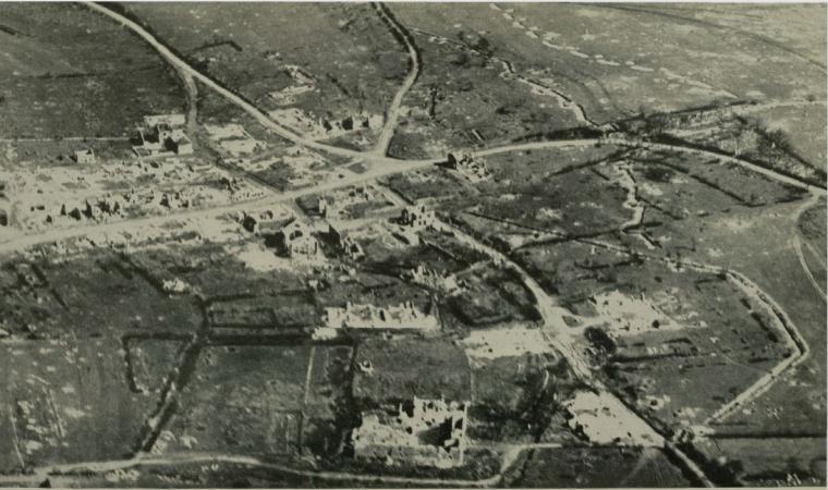 Historic image showing an aerial view of the ruins of Nantillois. 