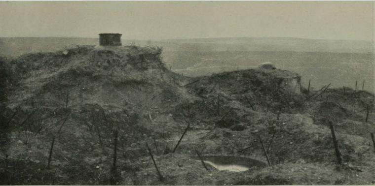 Historic image showing steel turrets amidst a desolate landscape.