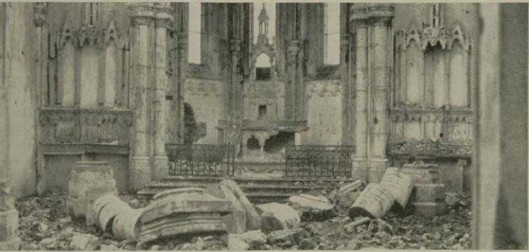 Historic image showing destroyed interior of church. 