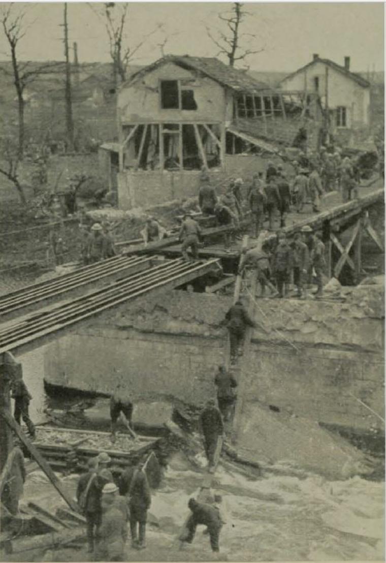 Historic image showing bridge construction. 