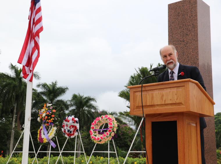 The ambassador delivers remarks during the ceremony.