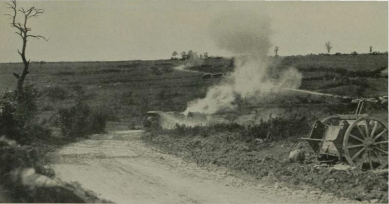 Historic image showing German shells exploding. 