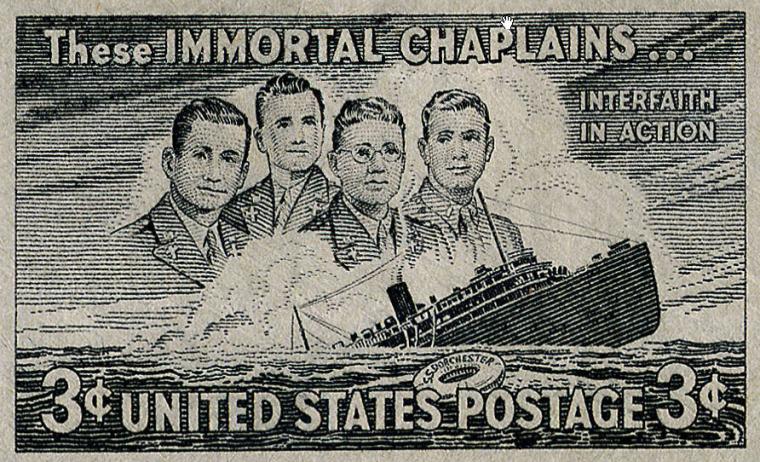 Stamp reads: These immortal chaplains...interfaith in action.