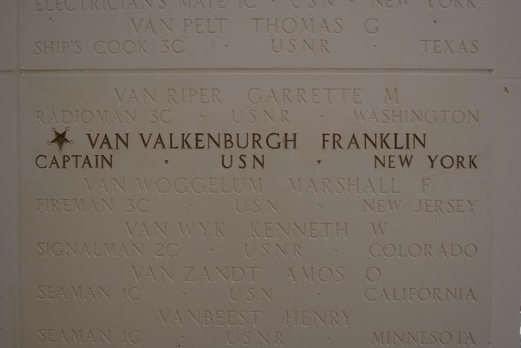 Capt. Franklin Van Valkenburgh name is gold-leafed on the Walls of the Missing at the Honolulu Memorial. 