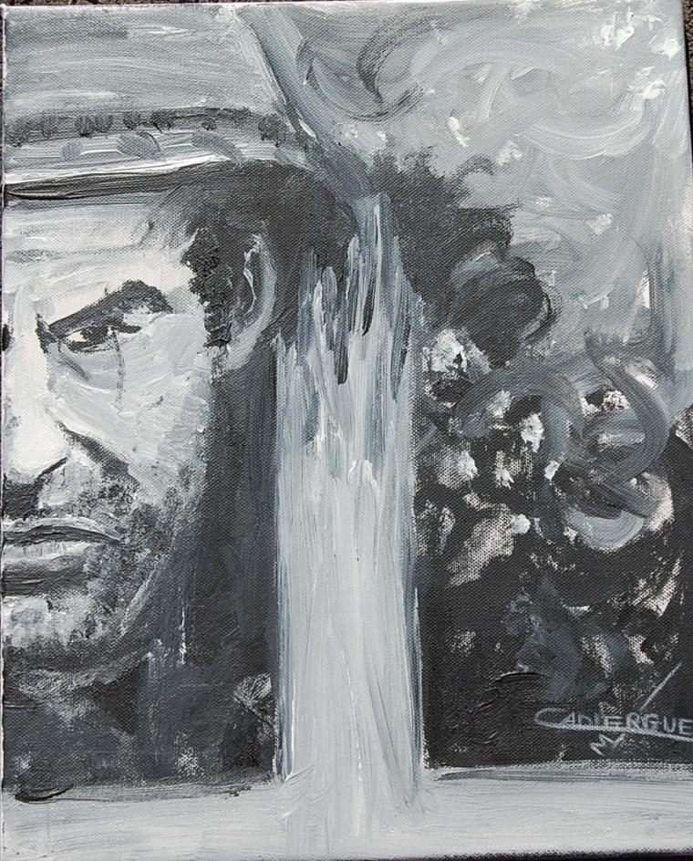 Using shades of black and gray, the face of a soldier is seen in the canvas.