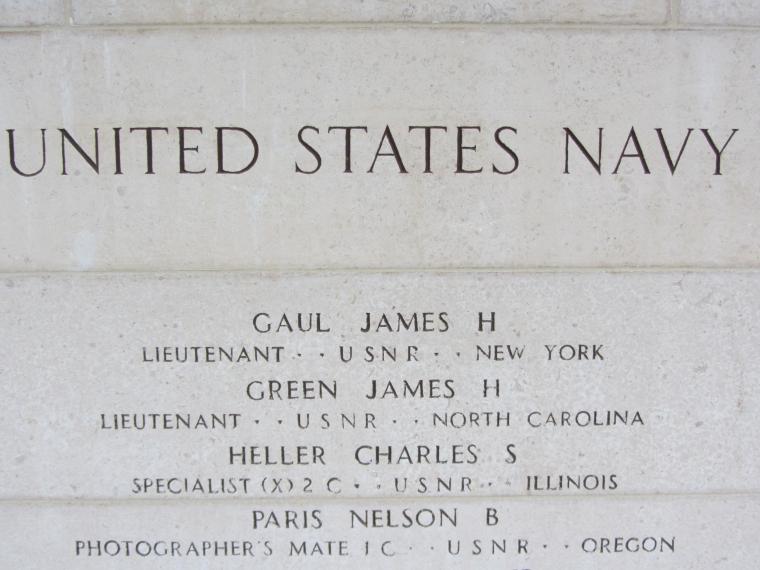 Wall of the Missing at Epinal shows names from the U.S. Navy. 